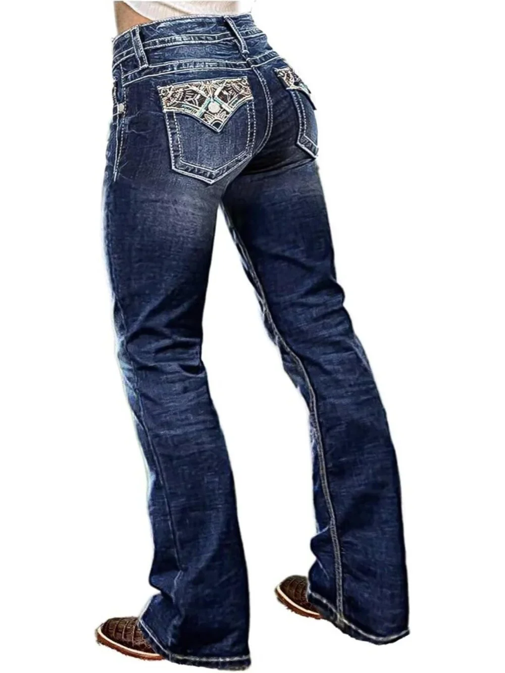 Women's Dark Indigo Blue Pull On Mid Rise Flare Leg Zipper Lifting Bootcut Jeans